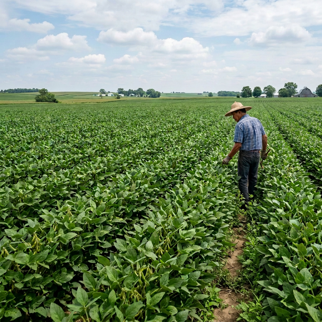 Farmer inspecting rows of green crops in a rural field